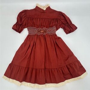 Vtg Polly Flinders Dress Hand Smocked Maroon Red Lace Pilgrim Thanksgiving Sz 6